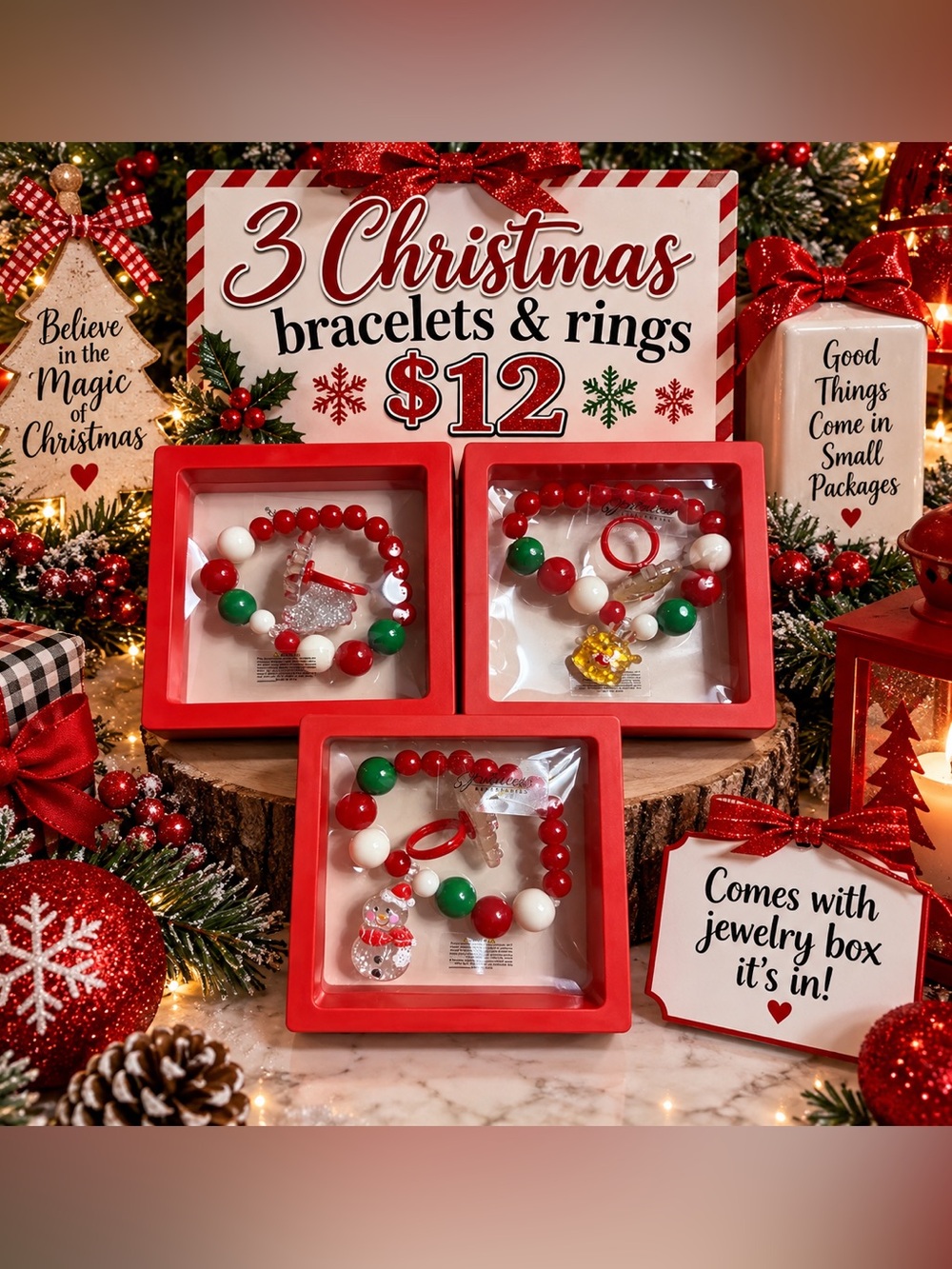 (3) Christmas Bracelets and Ring Sets- comes with jewelry boxes they are in